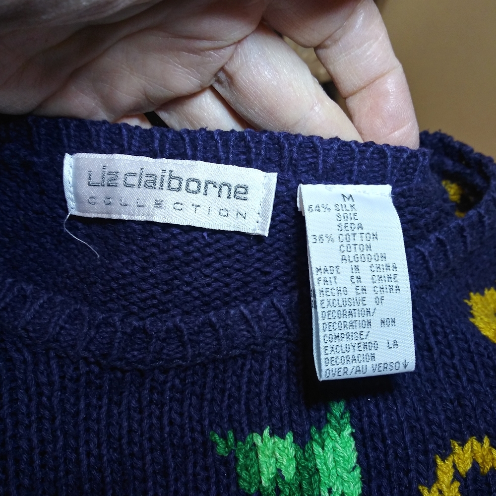 Vintage 1980's Liz Claiborne Navy Floral Embroidered Silk & Cotton Sweater - Picture 6 of 8